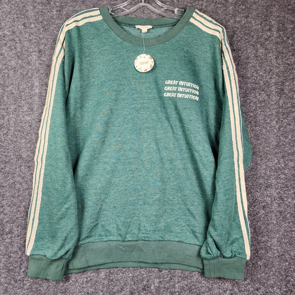 Oddi Sweatshirt Womens M/L Green Great Intuition Graphic Racing Stripe Pullover